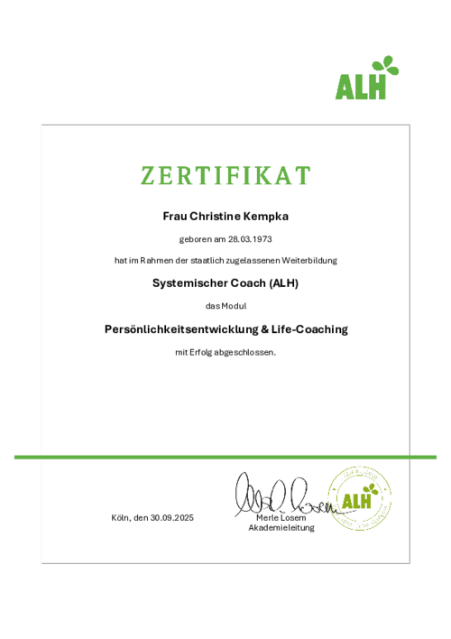 Zertifikat Systemischer Coach (ALH) Modul Persönlichkeitsentwicklung und Life-Coaching