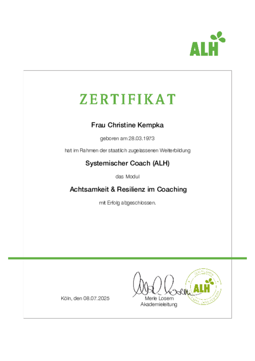 Zertifikat Systemischer Coach (ALH) Modul Achtsamkeit und Resilienz im Coaching
